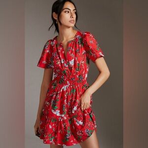 EUC Anthropologie Somerset Mini Dress in red floral bird print Medium